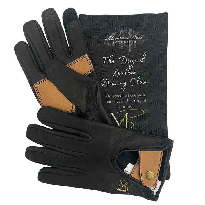 Maroon Bell Outdoor DIPPED LEATHER DEER GLOVE: LION GUARD DRIVING GLOVE: BLACK/BROWN - Spirit of 1876