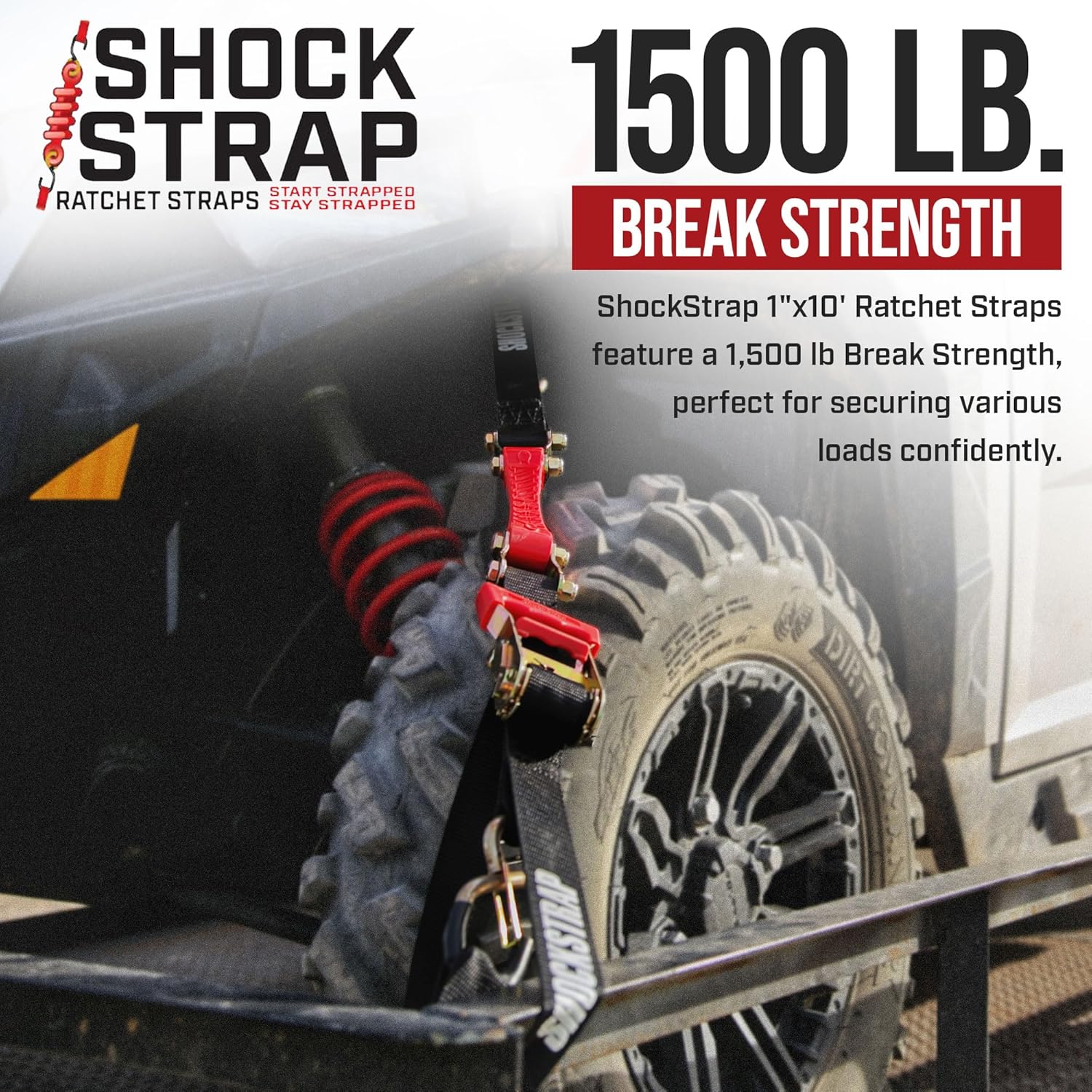 10ft x 1in SHOCKSTRAP® Constant Tension Ratchet Strap, Premium Polyester Webbing, 1,500lb Break Strength, 500lb Working Load Limit