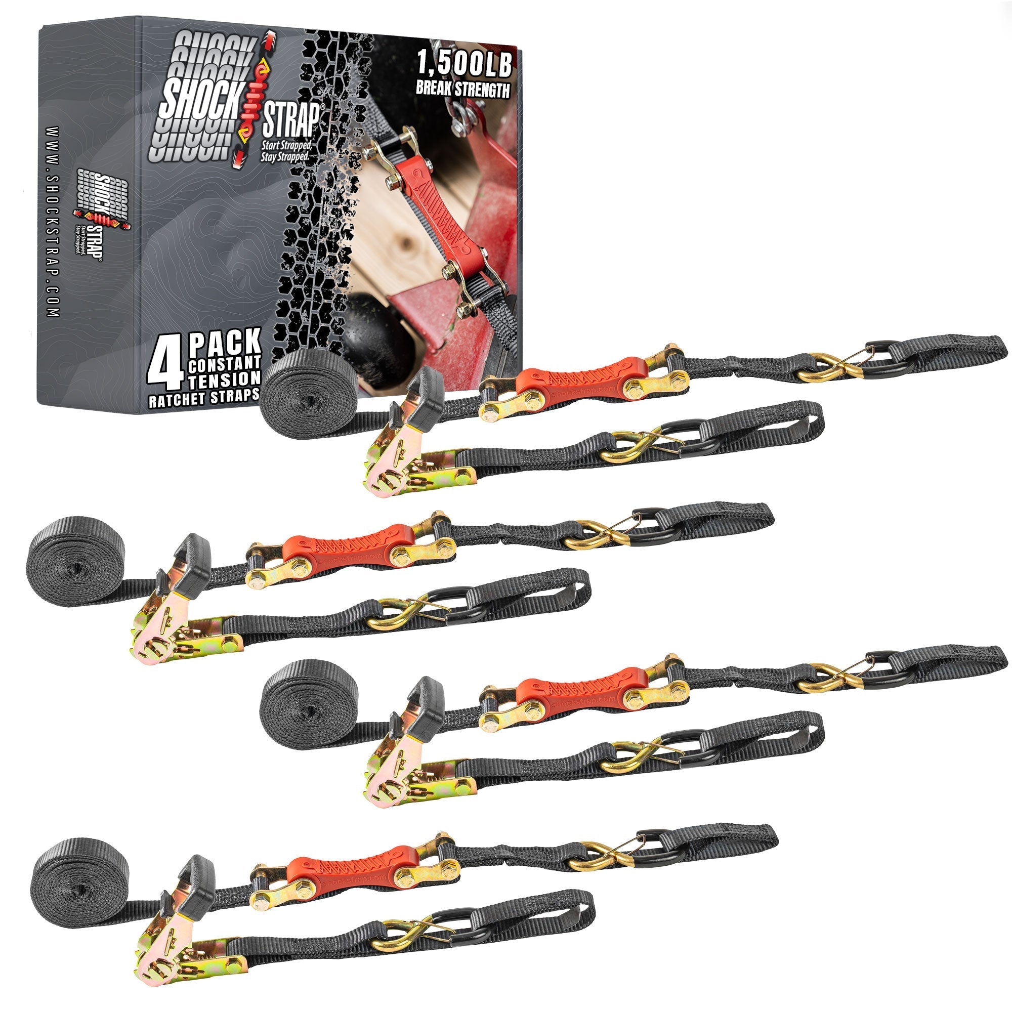 10ft x 1in SHOCKSTRAP® Constant Tension Ratchet Strap, Premium Polyester Webbing, 1,500lb Break Strength, 500lb Working Load Limit