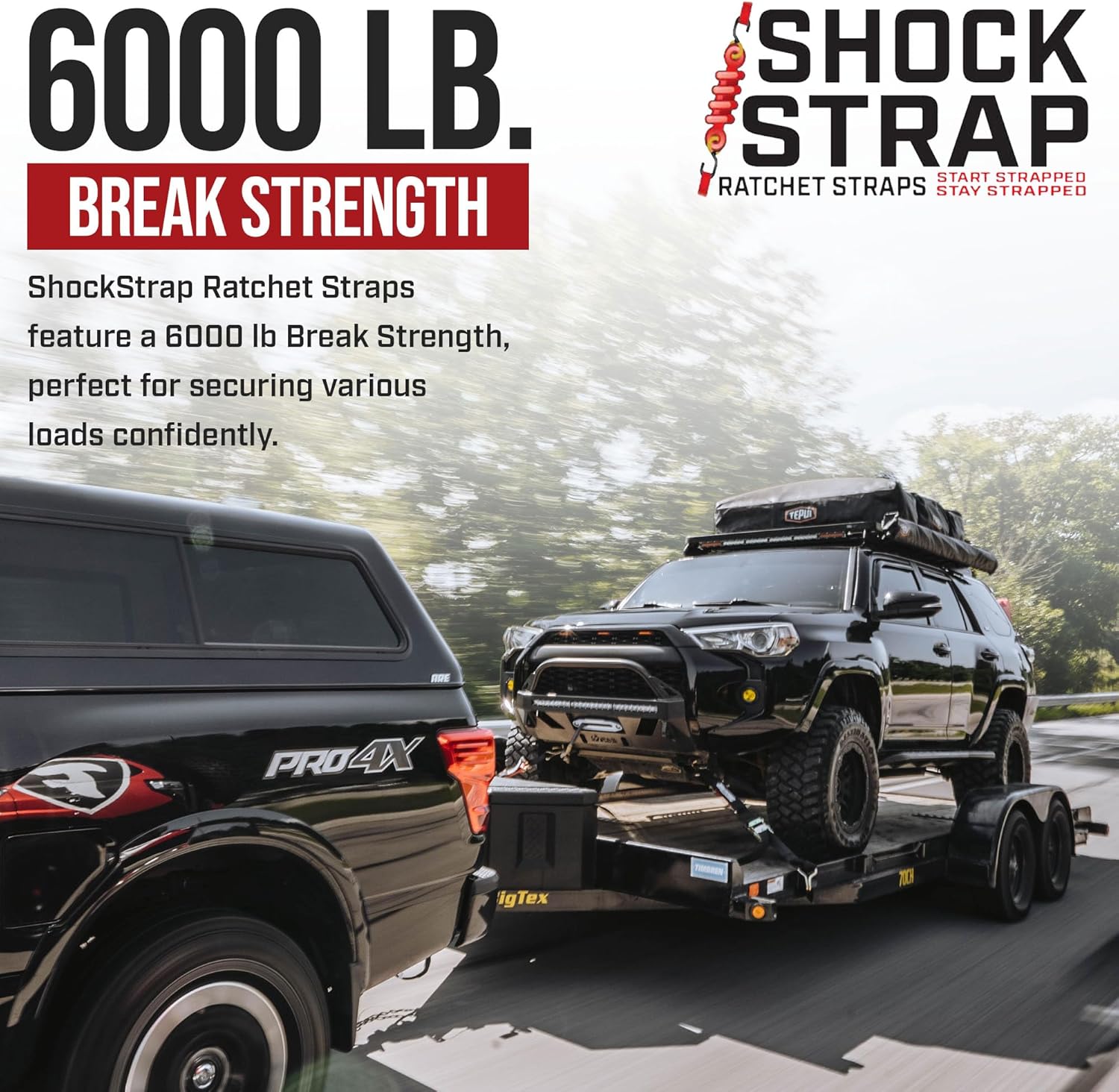 18ft x 2in SHOCKSTRAP® Ratchet Strap, Wire Hooks, Premium Polyester Webbing, 6k Break Strength, 2k Working Load Limit