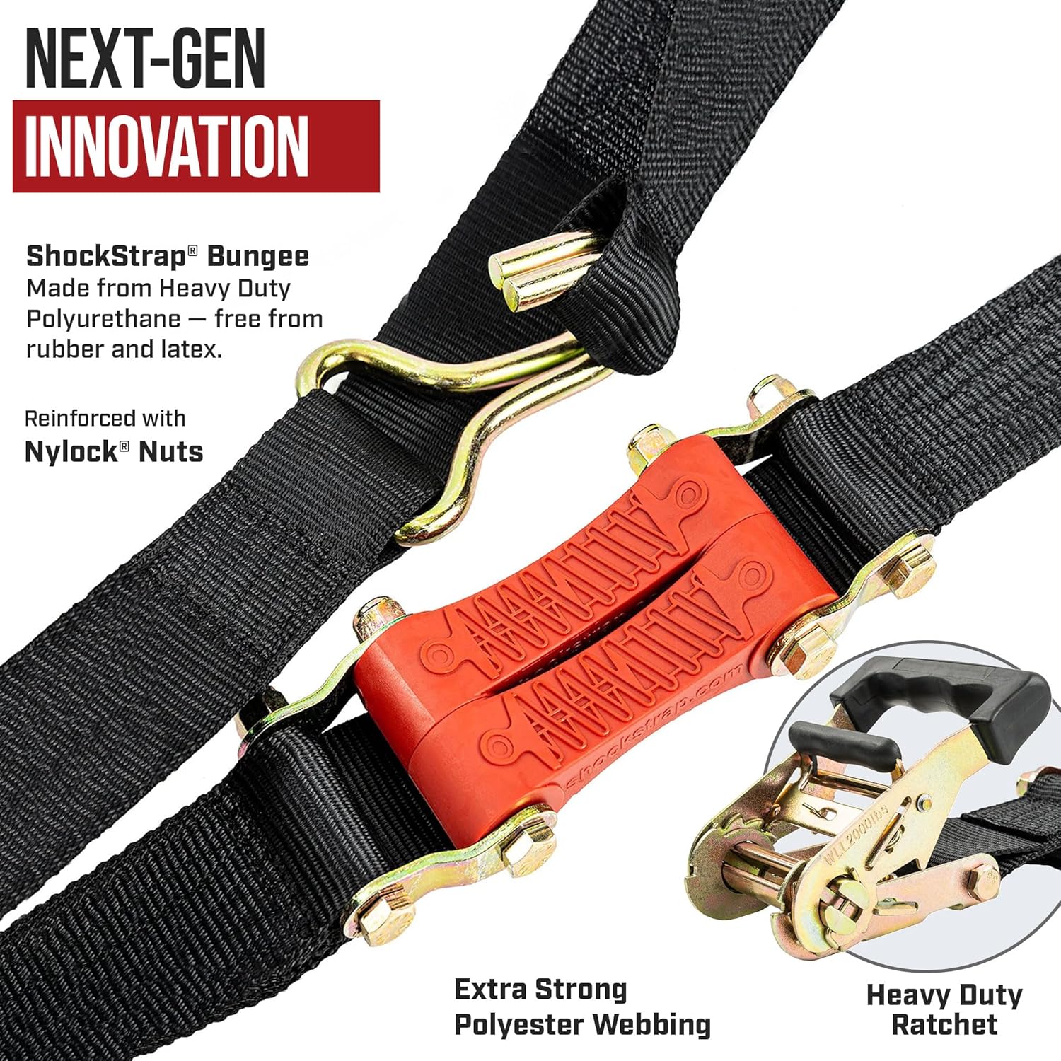 18ft x 2in SHOCKSTRAP® Ratchet Strap, Wire Hooks, Premium Polyester Webbing, 6k Break Strength, 2k Working Load Limit