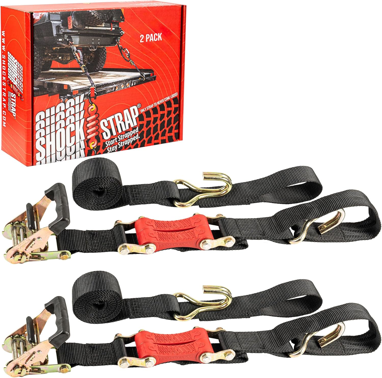 18ft x 2in SHOCKSTRAP® Ratchet Strap, Wire Hooks, Premium Polyester Webbing, 6k Break Strength, 2k Working Load Limit