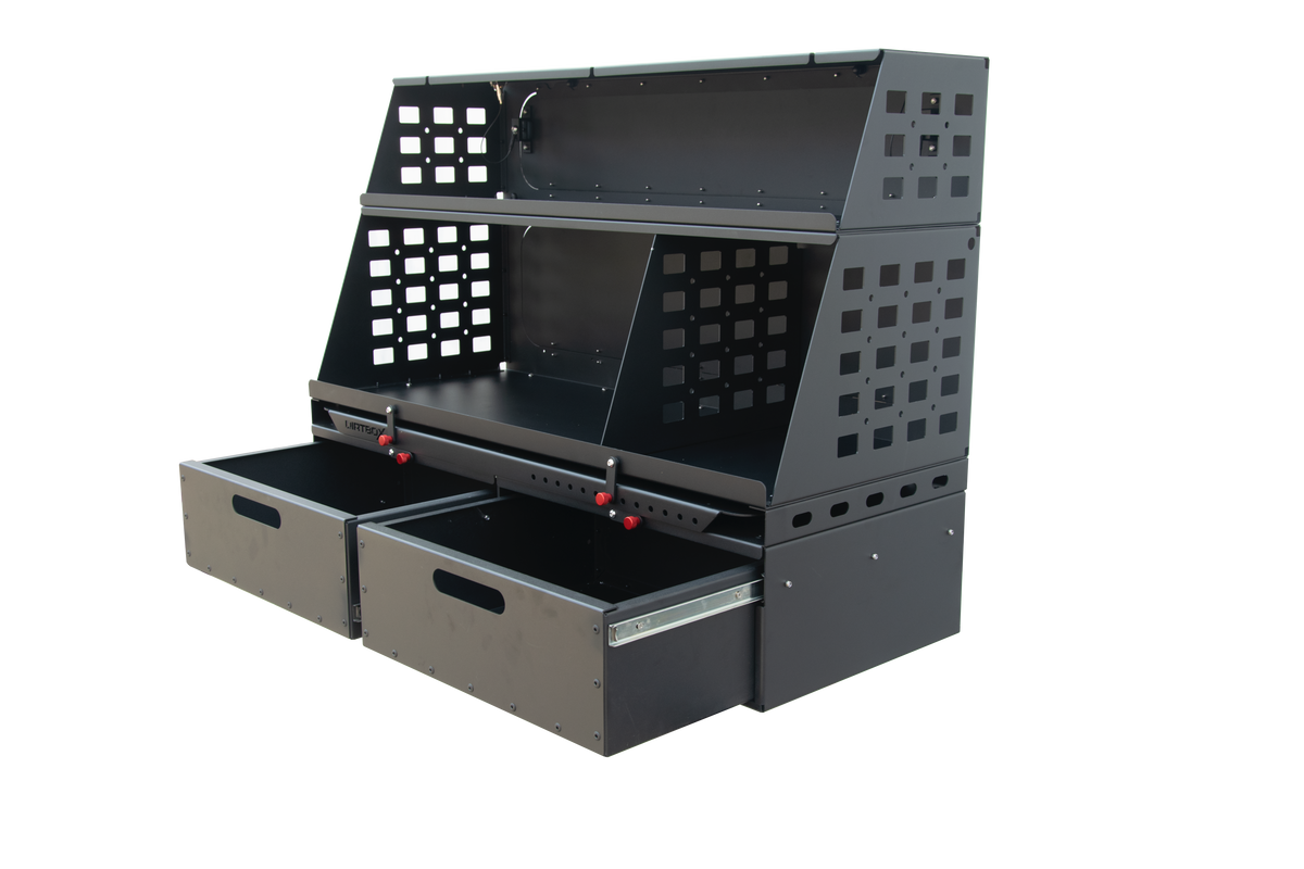 Flatbed Molle Storage Box with Locking Drawers, Camp Table & Cutting Board