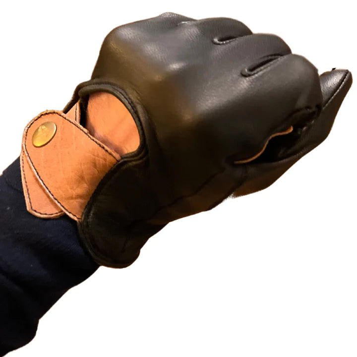 Maroon Bell Outdoor DIPPED LEATHER DEER GLOVE: LION GUARD DRIVING GLOVE: BLACK/BROWN - Spirit of 1876