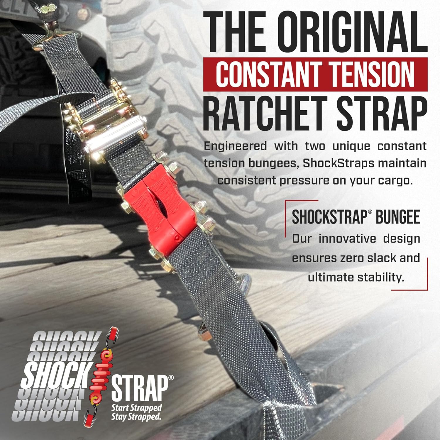 9ft x 2in SHOCKSTRAP® Ratchet Strap with Wire Hooks, Premium Polyester Webbing, 6k Break Strength 2k Working Load Limit
