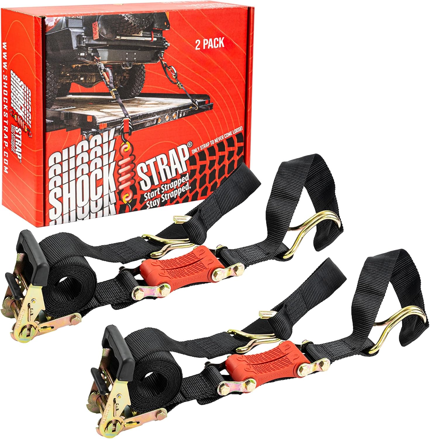 9ft x 2in SHOCKSTRAP® Ratchet Strap with Wire Hooks, Premium Polyester Webbing, 6k Break Strength 2k Working Load Limit