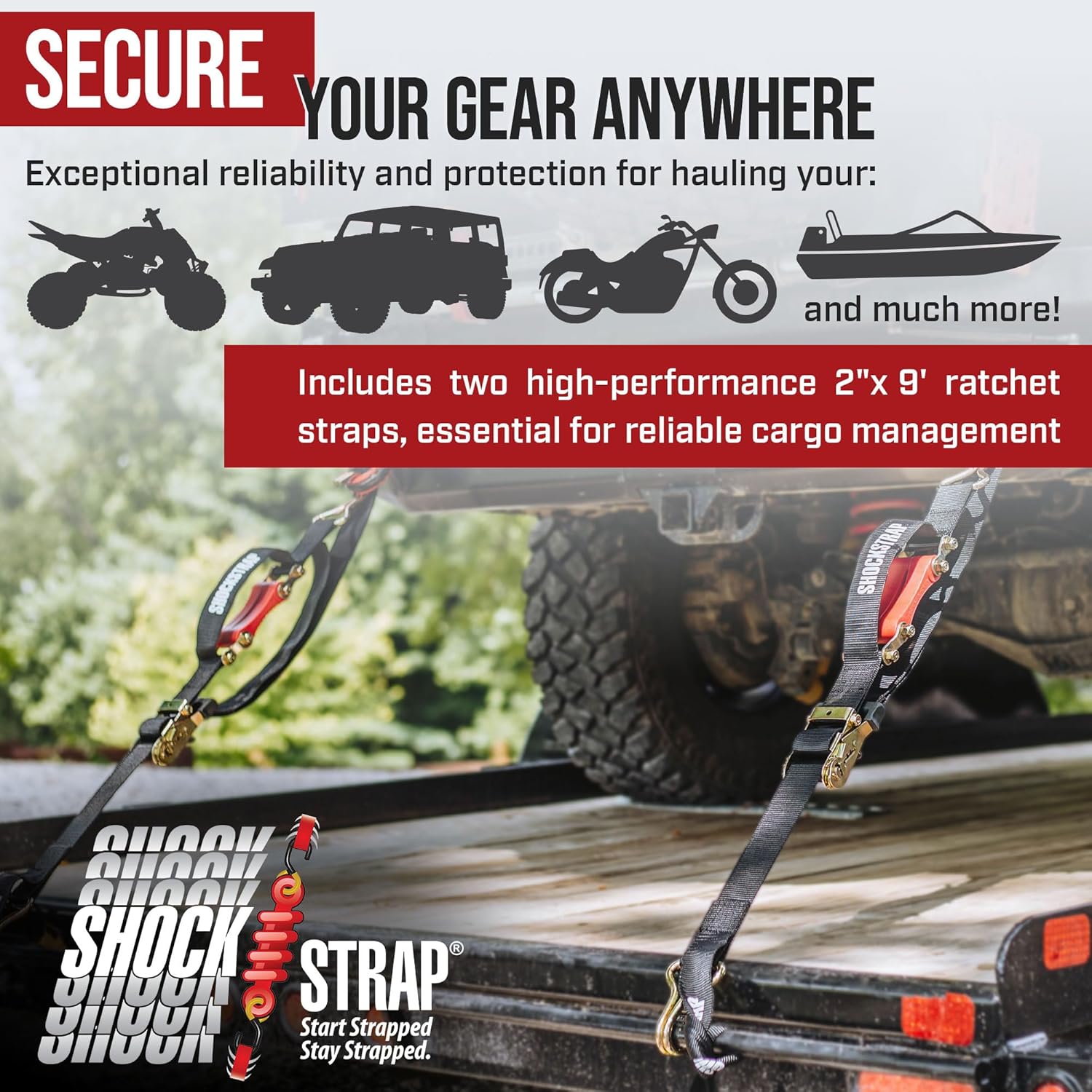 9ft x 2in SHOCKSTRAP® Ratchet Strap with Wire Hooks, Premium Polyester Webbing, 6k Break Strength 2k Working Load Limit