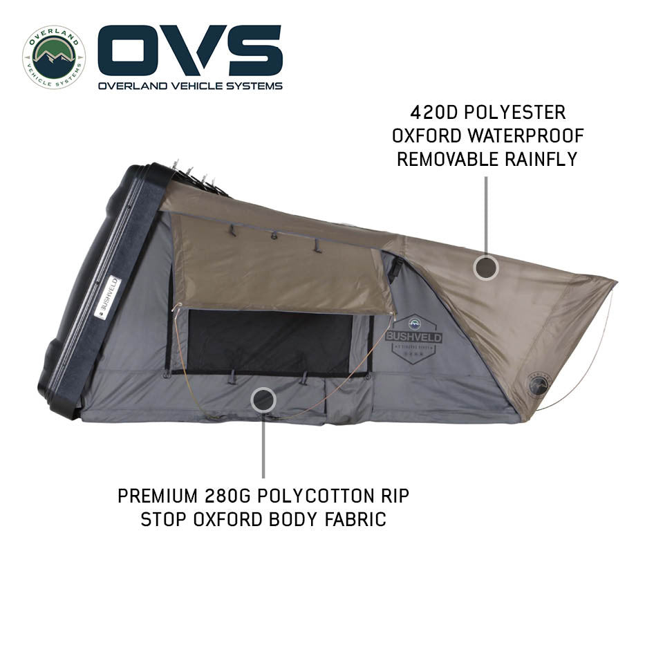 OVS HD Bushveld 4 Person Cantilever Hard Shell Roof Top Tent Grey Body & Tan Rainfly