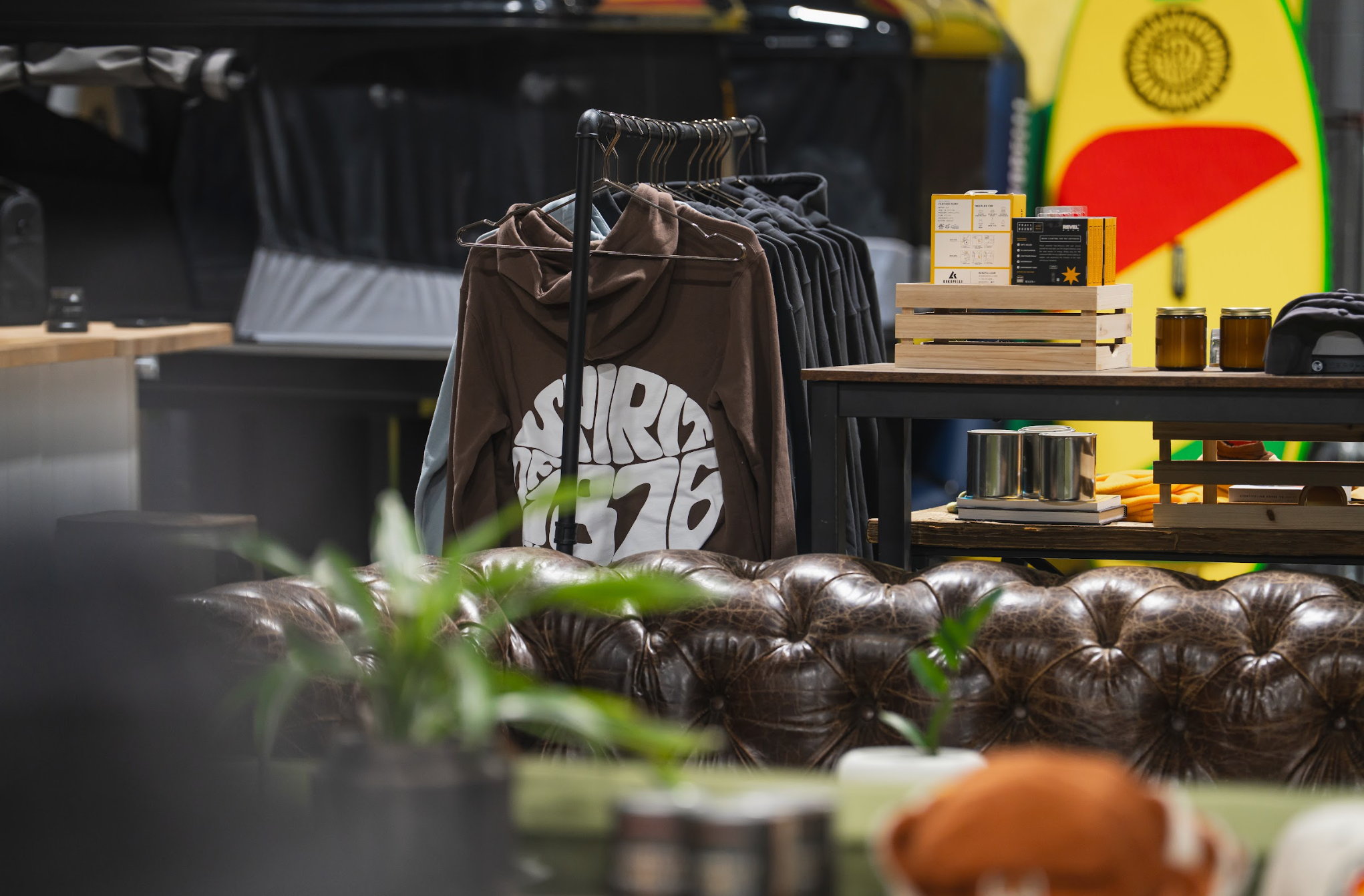 Warehouse with hoodies and rooftop tents