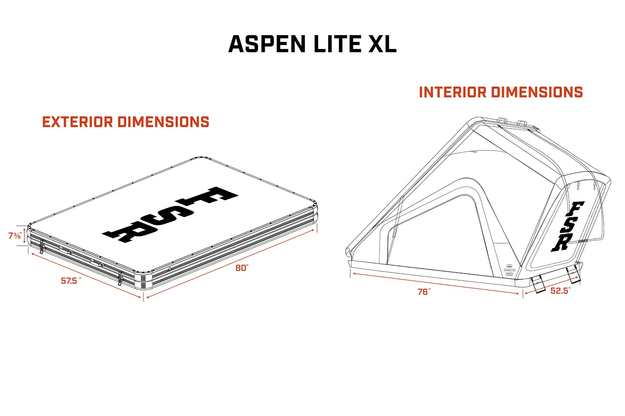 Dimensions of an Aspen Lite XL tent with exterior and interior dimensions labeled.