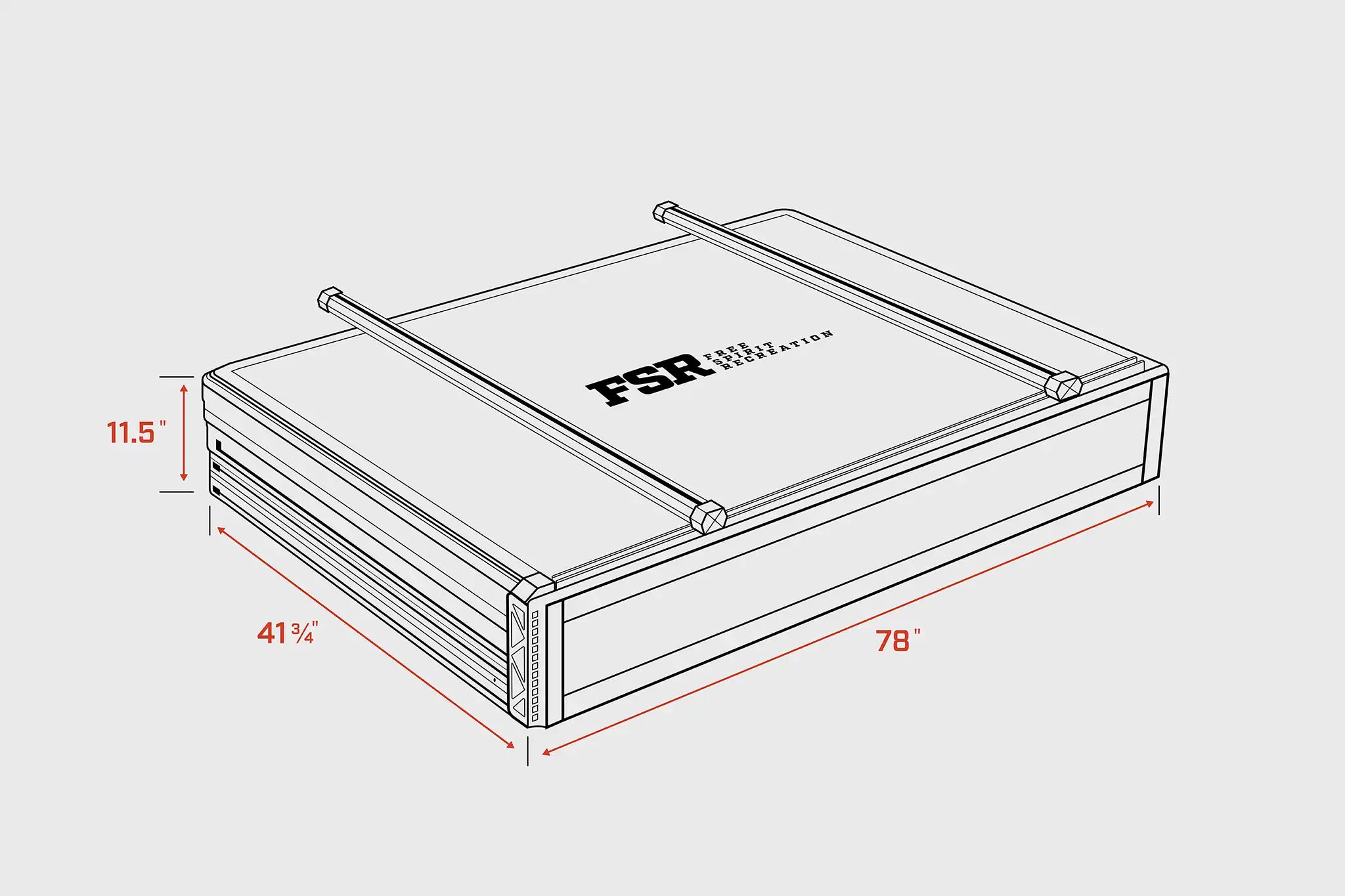 Technical drawing of a rectangular device with dimensions and FSR branding on a white background