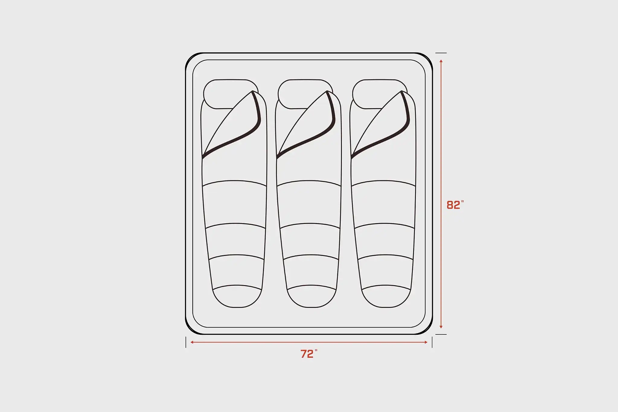 Diagram of a packaging tray with three product units and dimensions on a light gray background