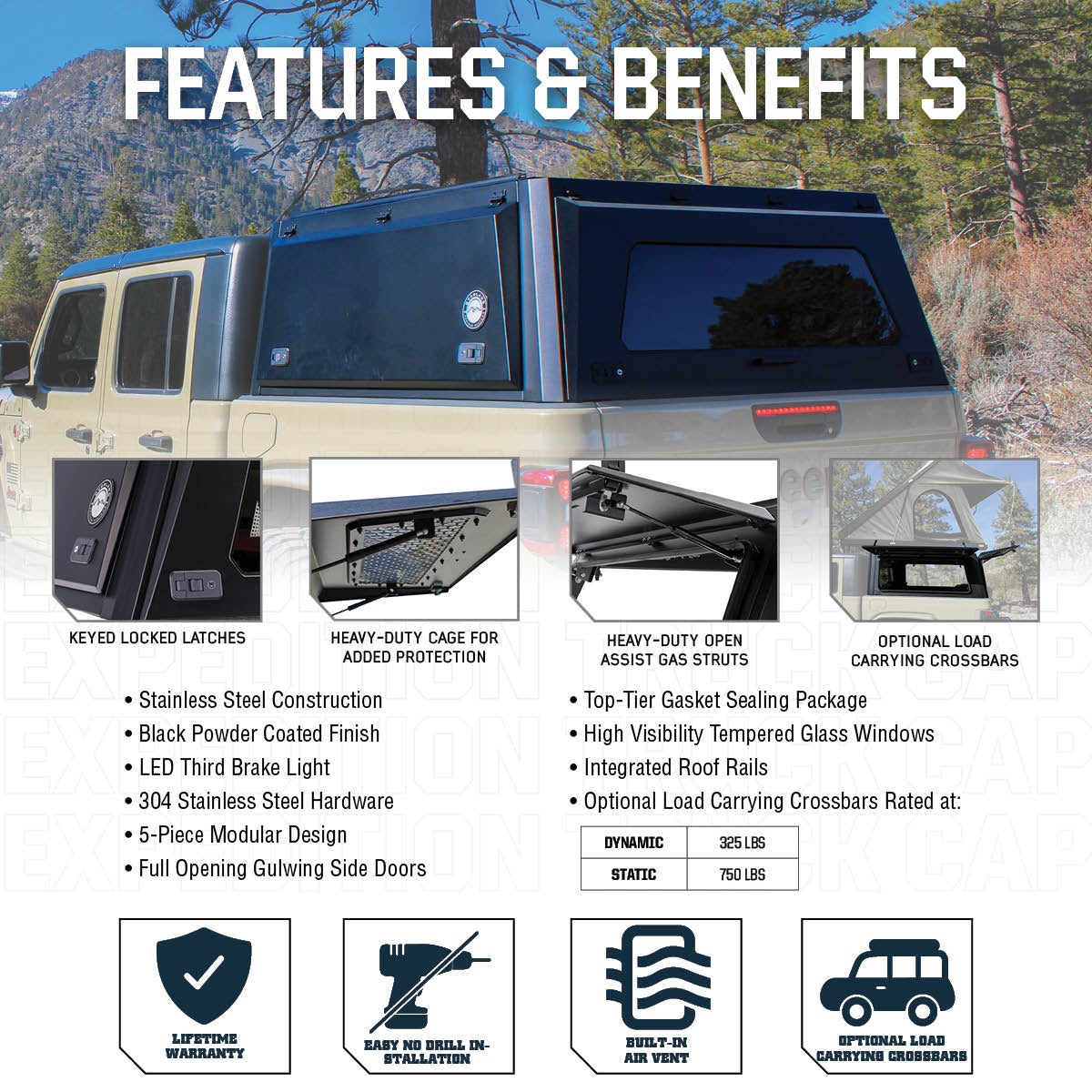 Expedition - Truck Cap W/Full Wing Doors, Front and Rear Windows & 3rd Brake Light