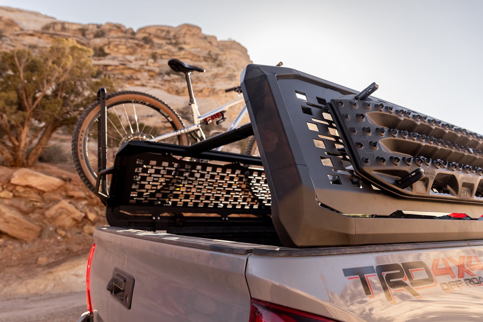 Bed rack on truck trd with bike and max trax
