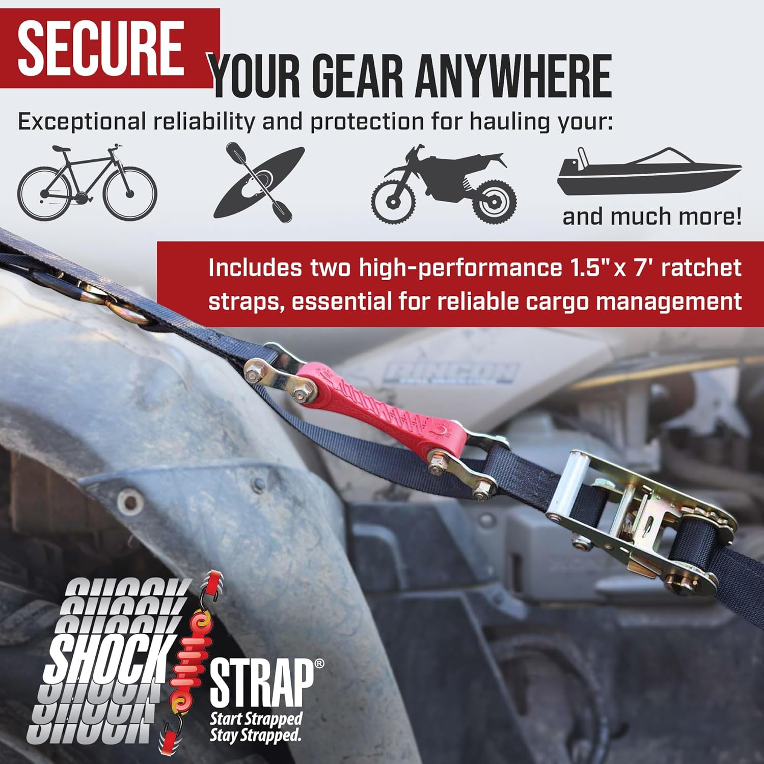 10ft x 1in SHOCKSTRAP® Constant Tension Ratchet Strap, Premium Polyester Webbing, 1,500lb Break Strength, 500lb Working Load Limit