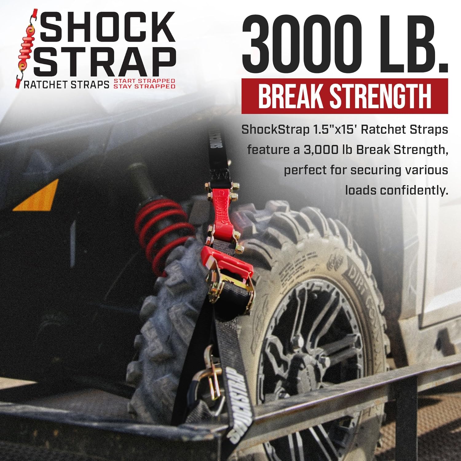 15ft x 1.5in SHOCKSTRAP® Ratchet Strap, Premium Polyester Webbing, 3k Break Strength, 1k Working Load Limit