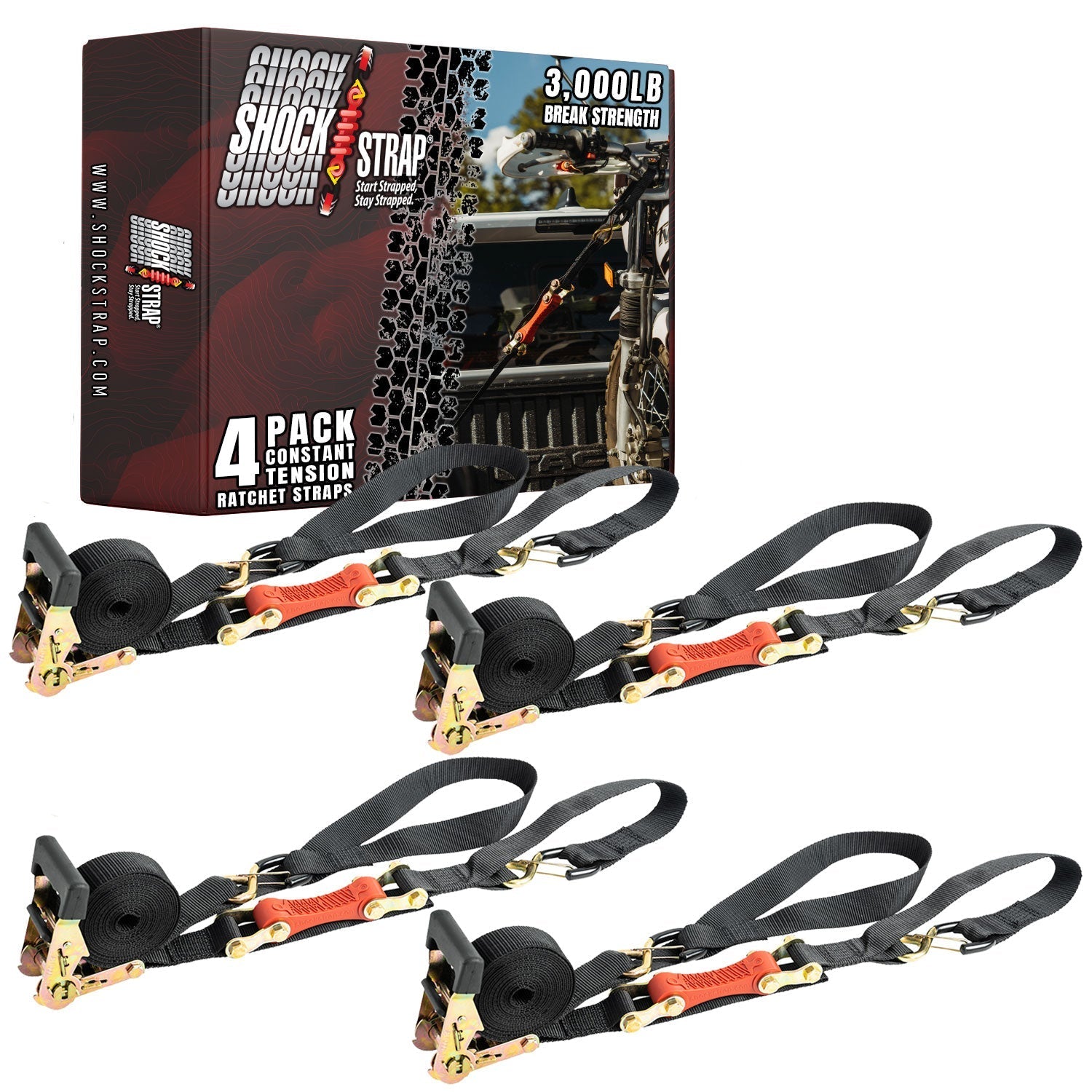 15ft x 1.5in SHOCKSTRAP® Ratchet Strap, Premium Polyester Webbing, 3k Break Strength, 1k Working Load Limit