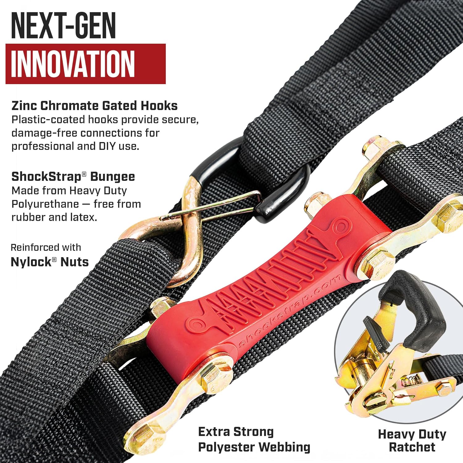 15ft x 1.5in SHOCKSTRAP® Ratchet Strap, Premium Polyester Webbing, 3k Break Strength, 1k Working Load Limit