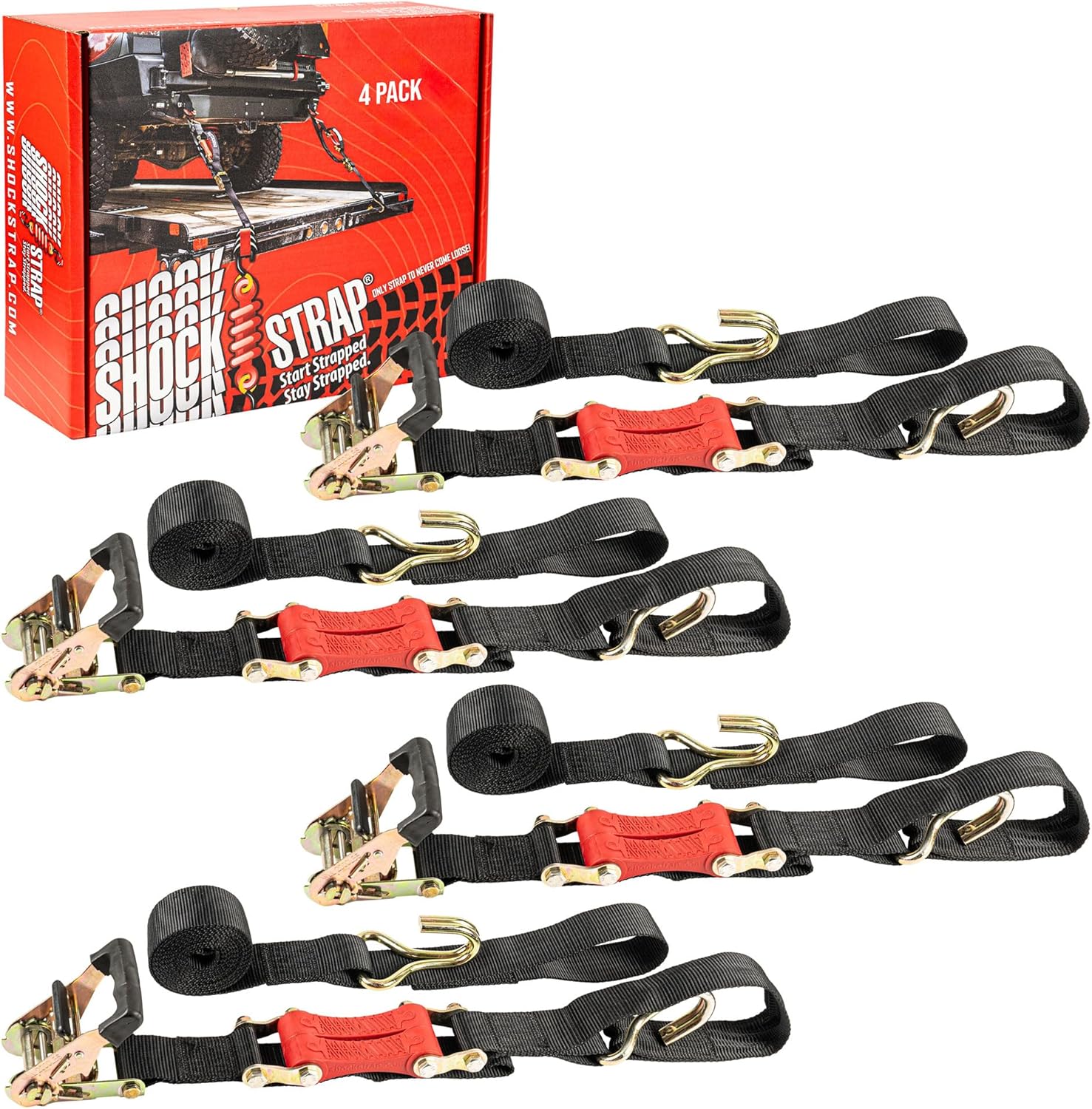 18ft x 2in SHOCKSTRAP® Ratchet Strap, Wire Hooks, Premium Polyester Webbing, 6k Break Strength, 2k Working Load Limit