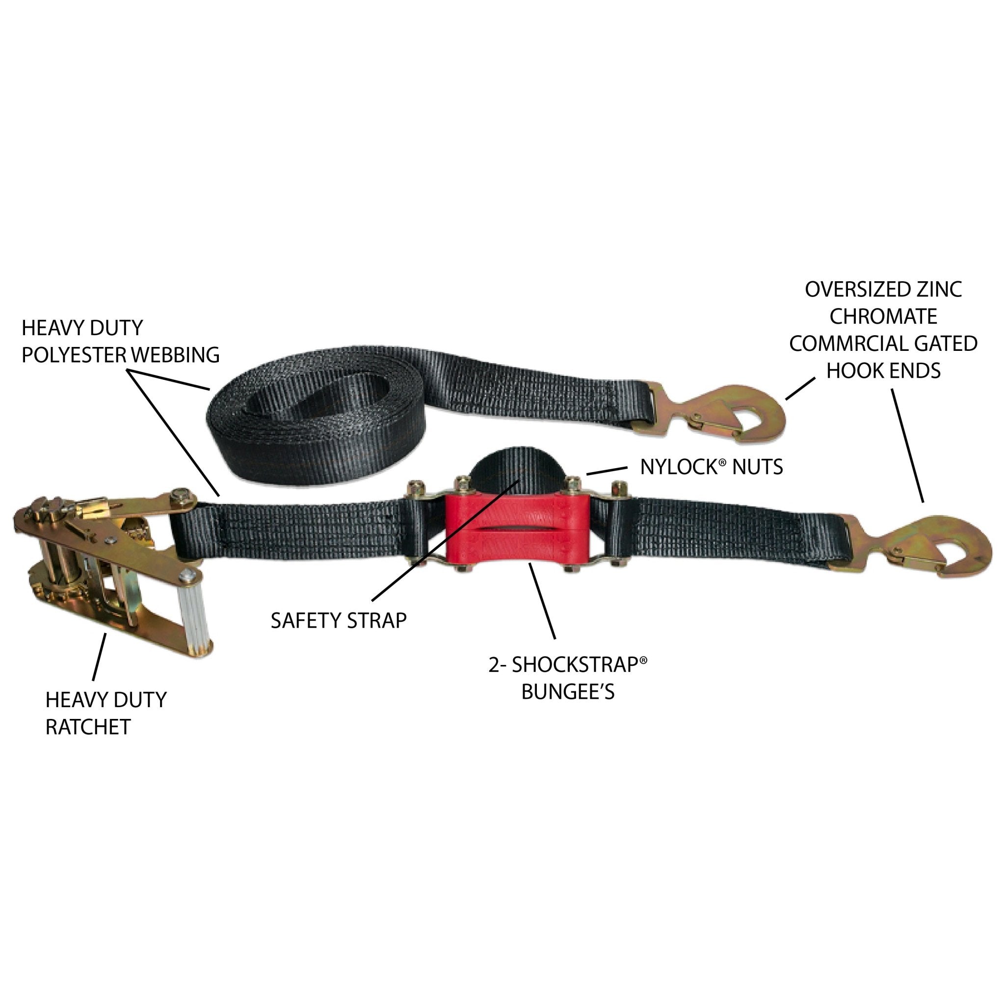 9ft x 2in SHOCKSTRAP® Ratchet Strap w Snap Hooks, Premium Made In USA Polyester Webbing, 10,000lb Breaking Strength, 3,333lb Working Load Limit, Commercial Grade