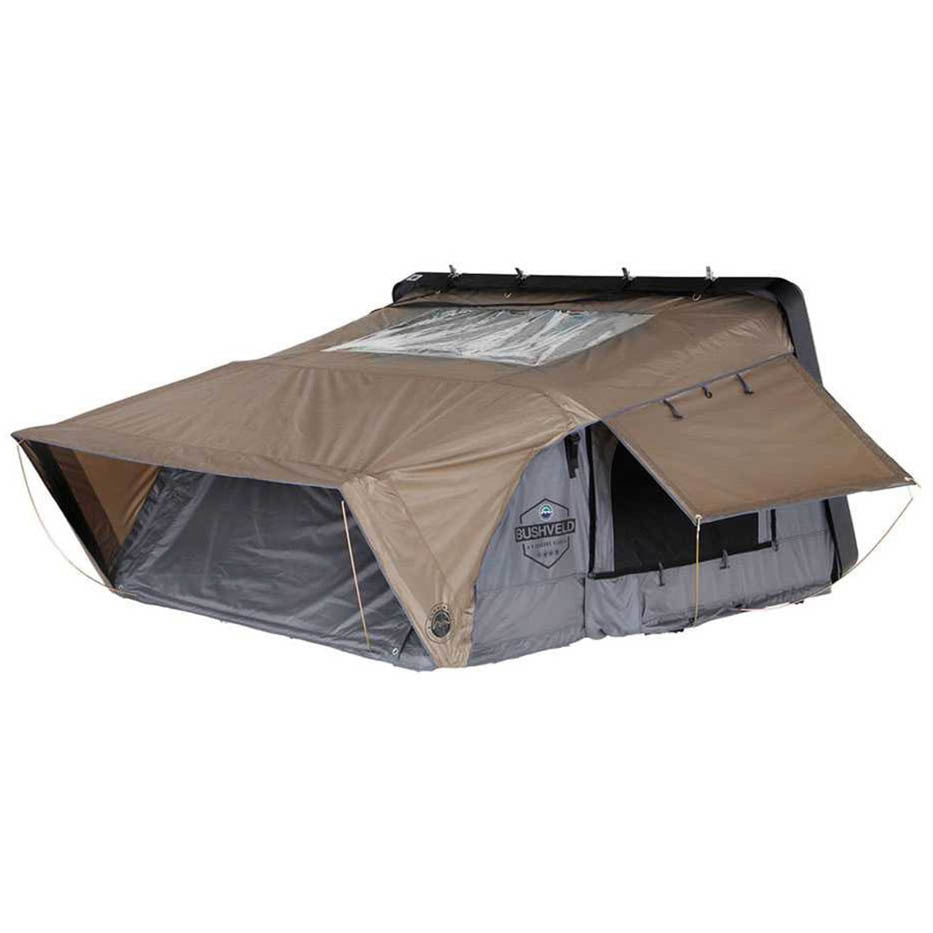 OVS HD Bushveld 4 Person Cantilever Hard Shell Roof Top Tent Grey Body & Tan Rainfly