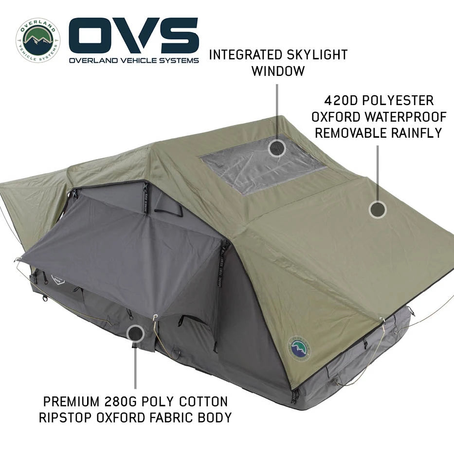 OVS HD Nomadic Standard 2 Person Soft Shell Roof Top Tent - Grey Body & Green Rainfly