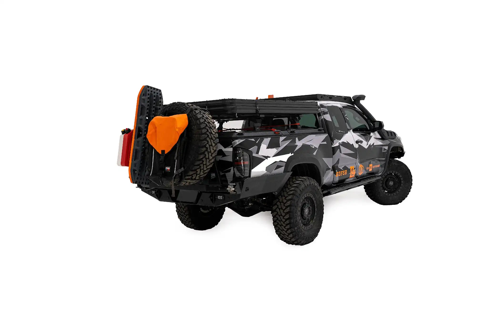 Camouflage-patterned truck with orange accents on a white background