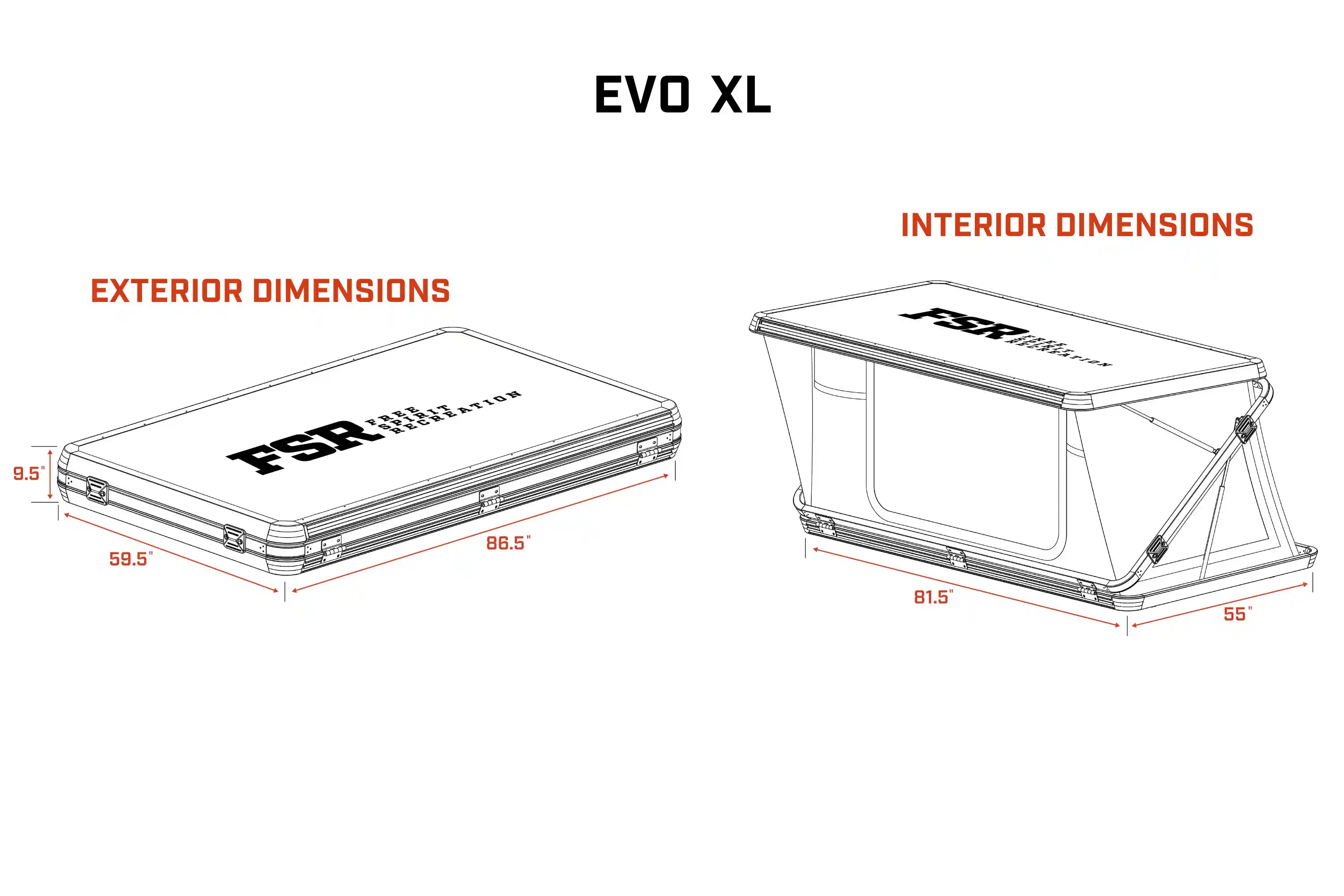 Technical diagram of FSR EVO XL roof top tent with dimensions on a white background