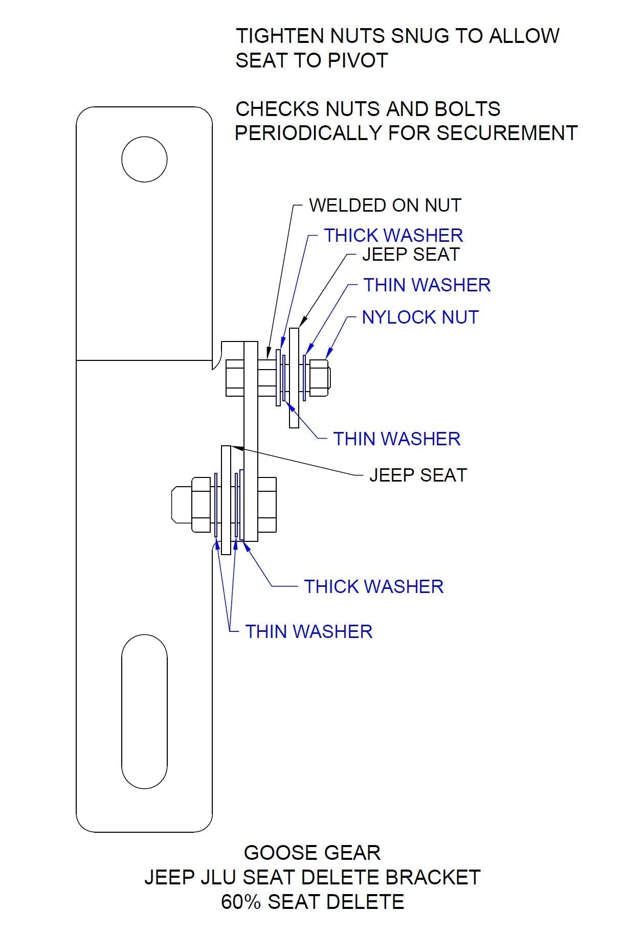 Jeep Wrangler 2018 - 2023 JLU 4 Door - 60% Seat Delete Bracket - Spirit of 1876 - Goose Gear