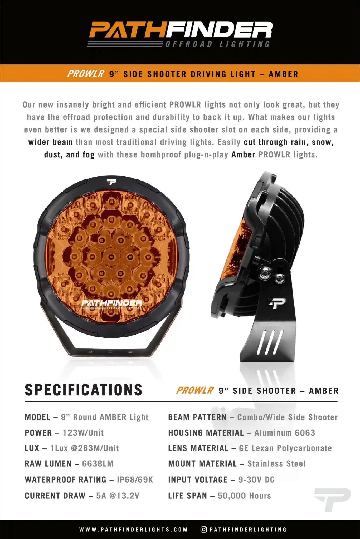 PROWLR 9" LED Driving Light [TRUE AMBER] - Spirit of 1876 - Backwoods Adventure Mods