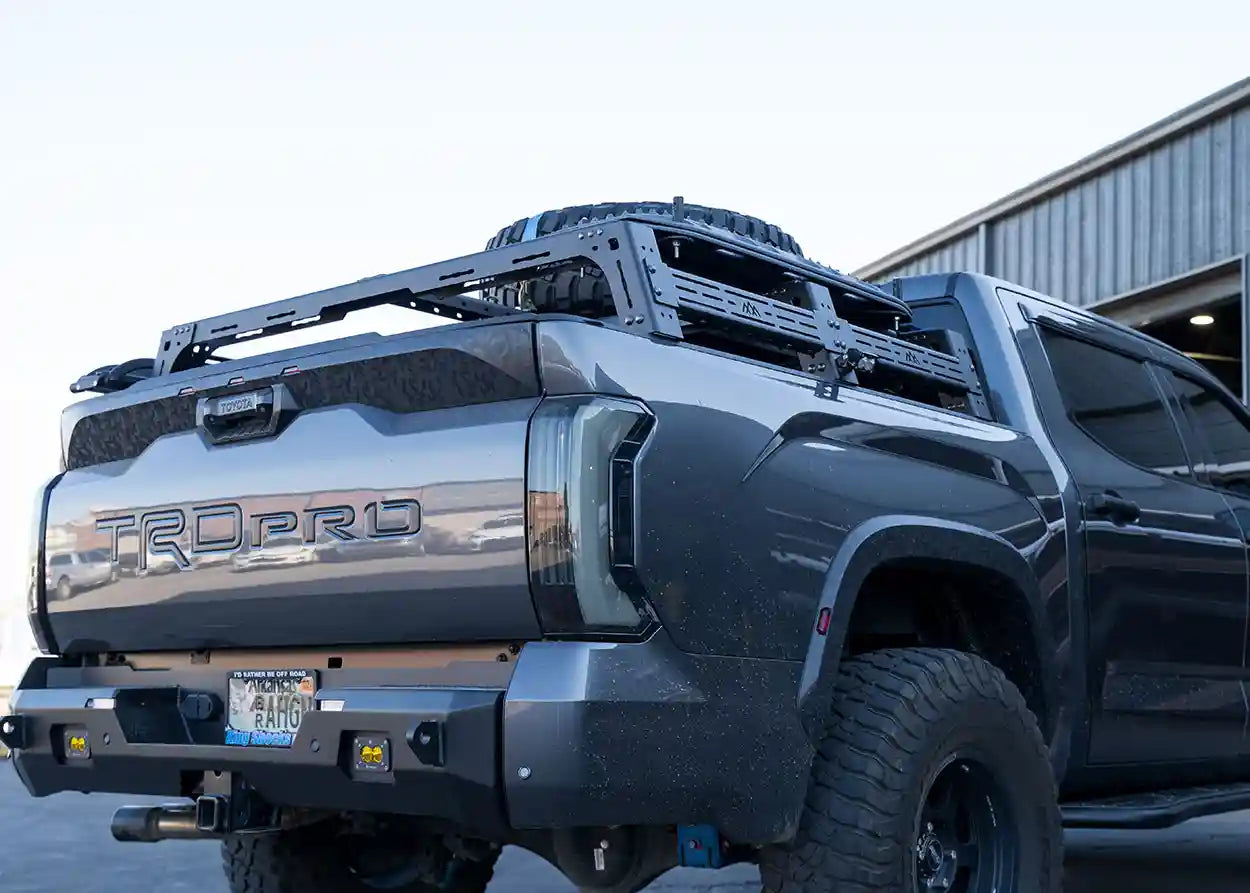 Silver truck with roof rack and 'Ford' branding on a clear sky background