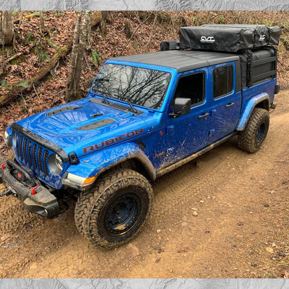 Jeep Gladiator Rubicon with XTR1 Bed Rack, Awning, Roof Top Tent, and SofTopper.  