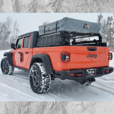 XTR1 Aluminum Bed rack for Jeep Gladiator with Molle Panels and roof top tent, and ax.