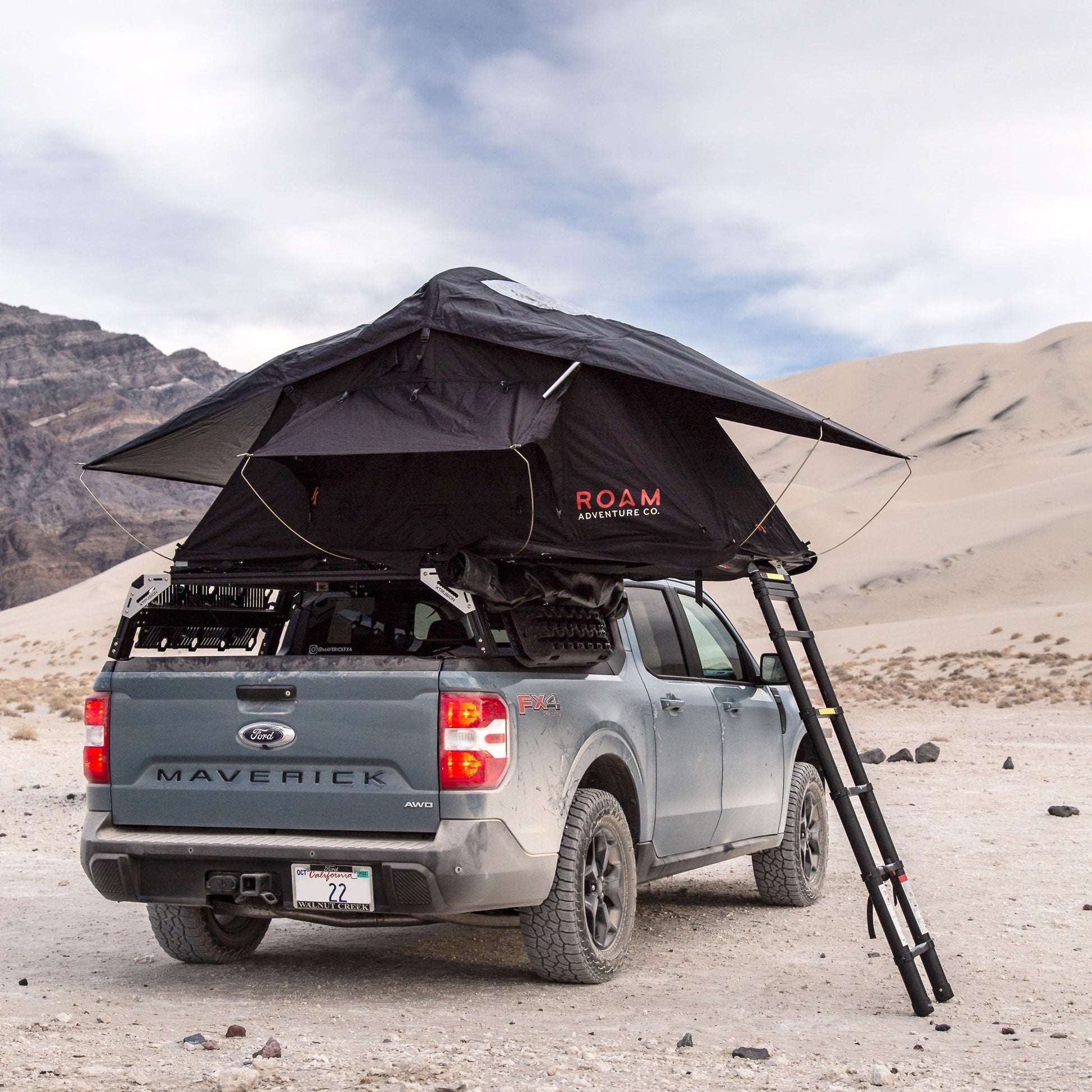Ford Maverick FX4 with extrusion overland bed rack and ROAM roof top tent set up