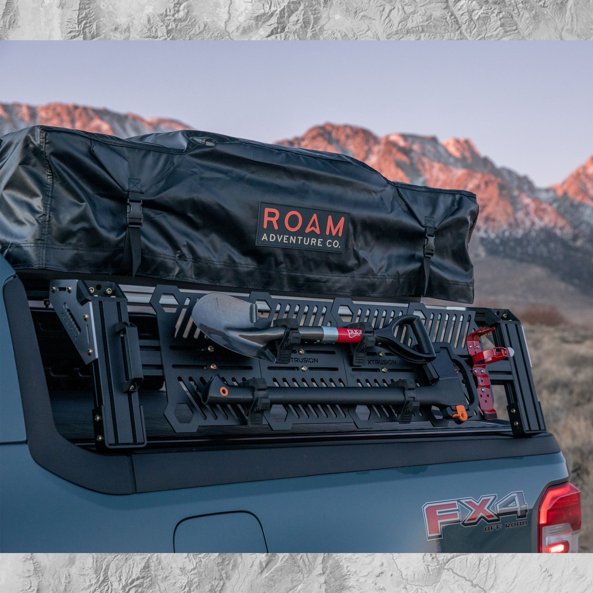 Maverick FX4 with 13â€ inch high, Aluminum, Black Powder Coat, Wide Wing Brackets, Xtrusion Overland bed rack with molle panels tonneau cover