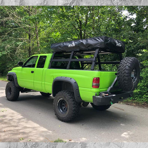 Ram 1500 mounted XTR1 HD (Heavy Duty) bed rack equipped with HD triple column uprights and RTT brackets and mounted Roof Top Tent.